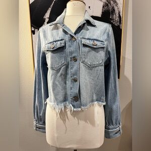 Kancan Women’s Large Denim Blue Jean Jacket Raw Hem Bottom